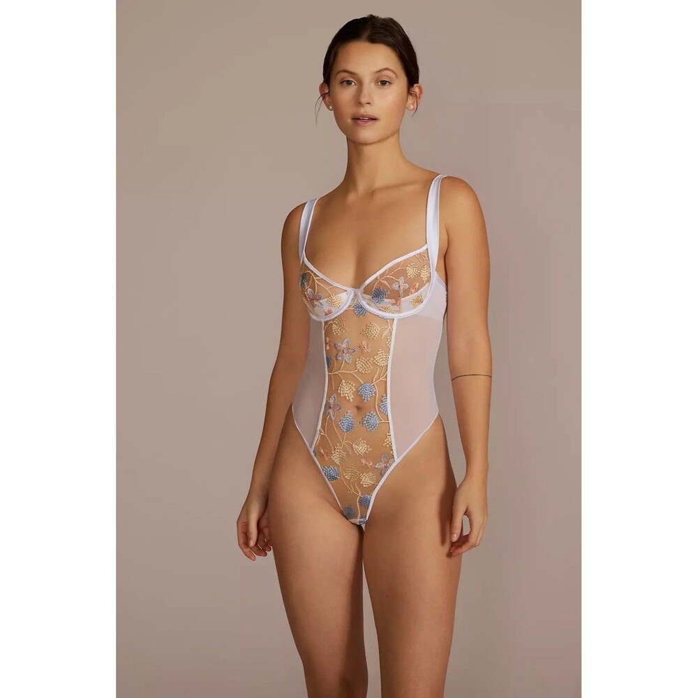 Oh La La Cheri Floral Embroidered Mesh Thong Keyhole Back Bodysuit Sz XXL NWT